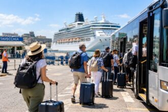 Cruise ship docked at the port of Civitavecchia on embarkation day