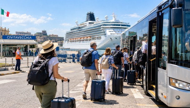 Cruise ship docked at the port of Civitavecchia on embarkation day